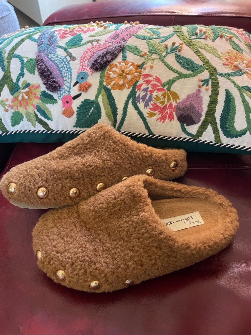 Vintage Havana Brown Faux Shearling Slip-Ons with Gold Studs